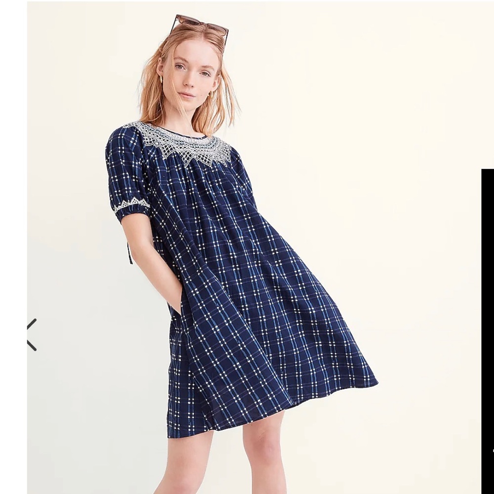 Embroidered Puff-Sleeve Babydoll Dress in Indigo Plaid